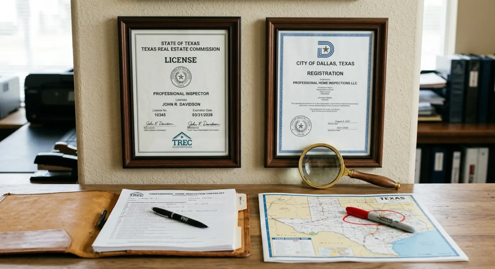TREC home inspector license and local DFW credentials displayed on wall