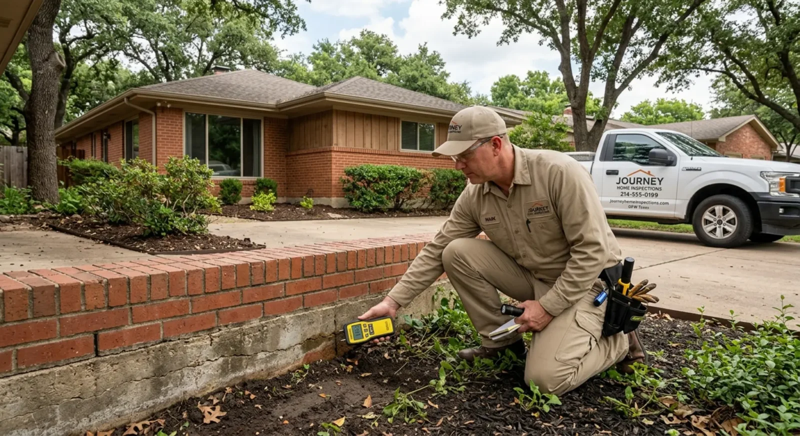 Local DFW home inspector conducting foundation moisture assessment on ranch home