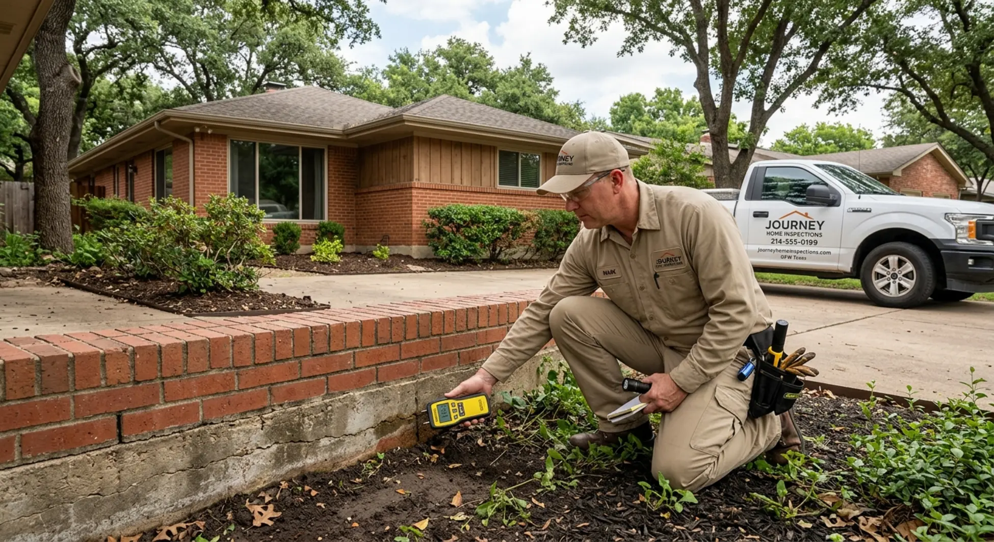 Local DFW home inspector conducting foundation moisture assessment on ranch home