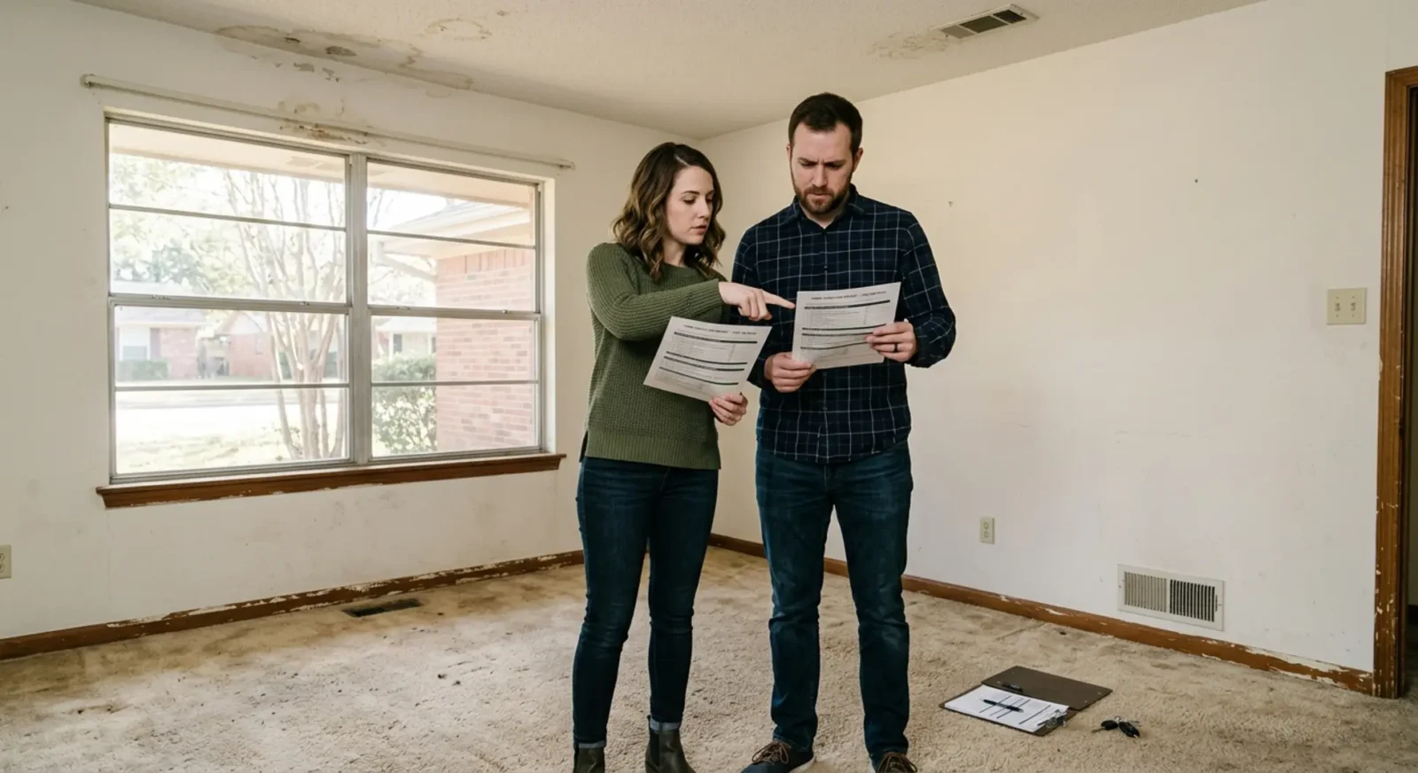 Homebuyers comparing home inspection reports in an older DFW ranch home