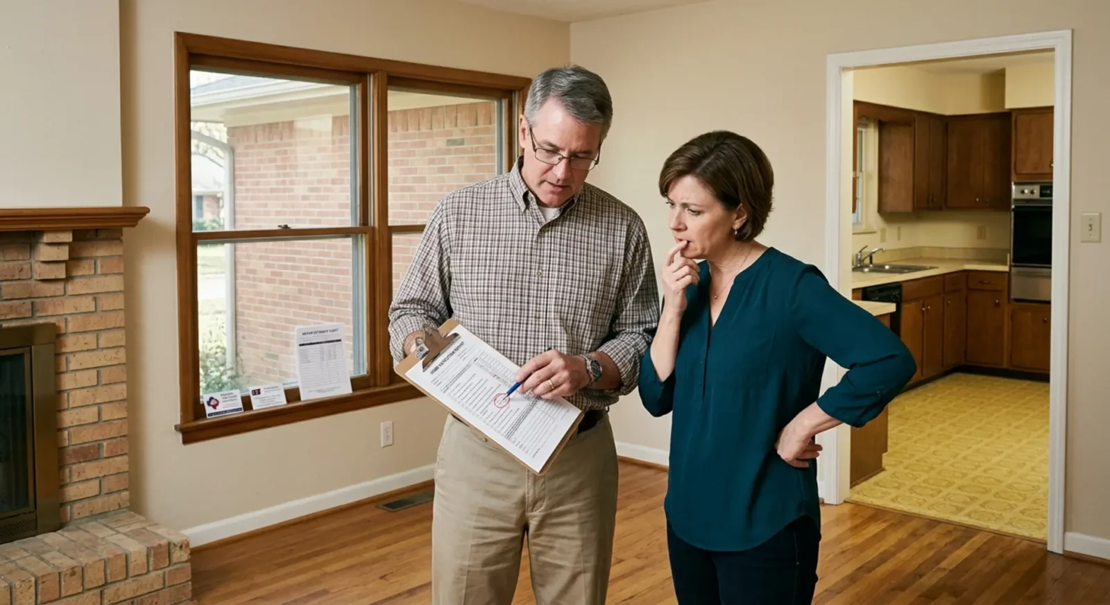 DFW homebuyers reviewing home inspection reports while standing in empty ranch home