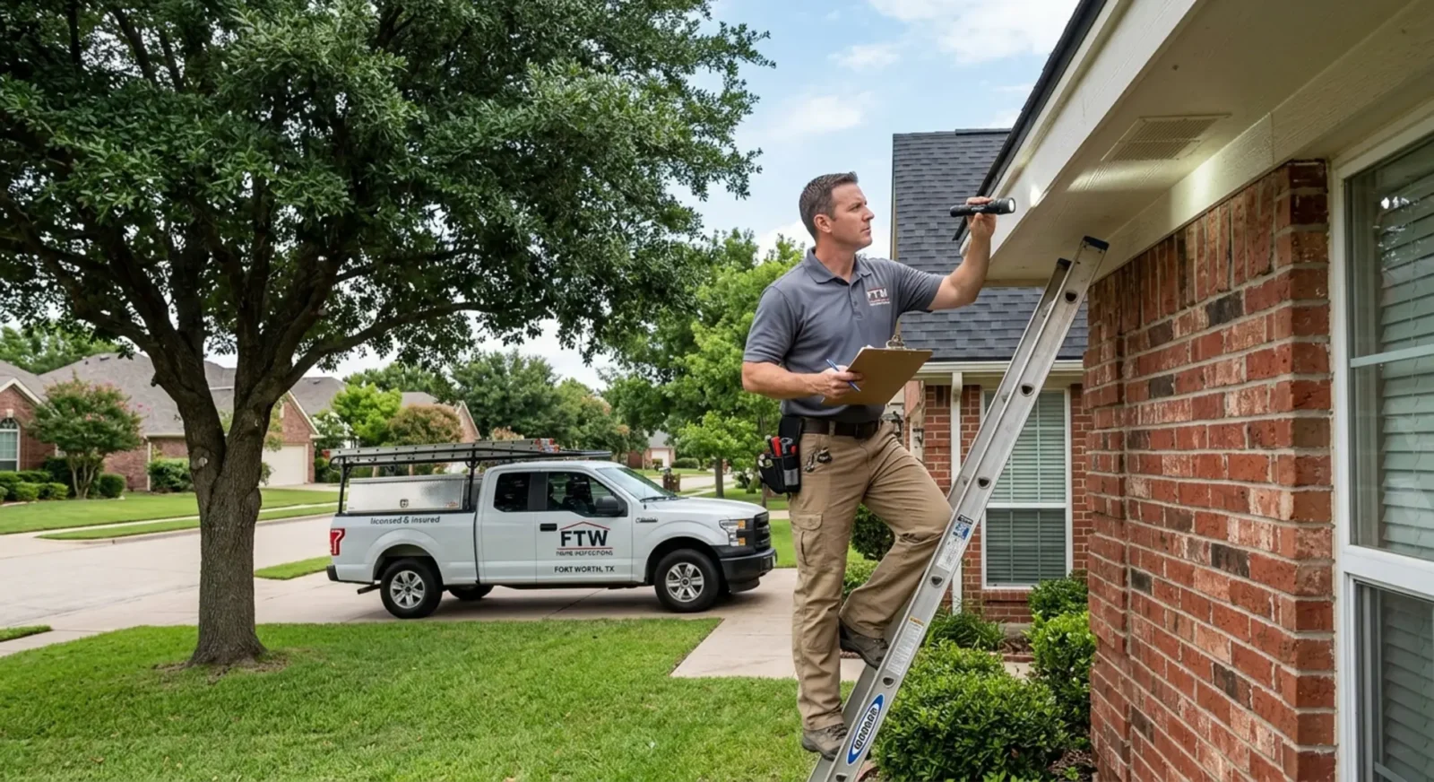 Home inspector examining exterior of Fort Worth residential property with ladder