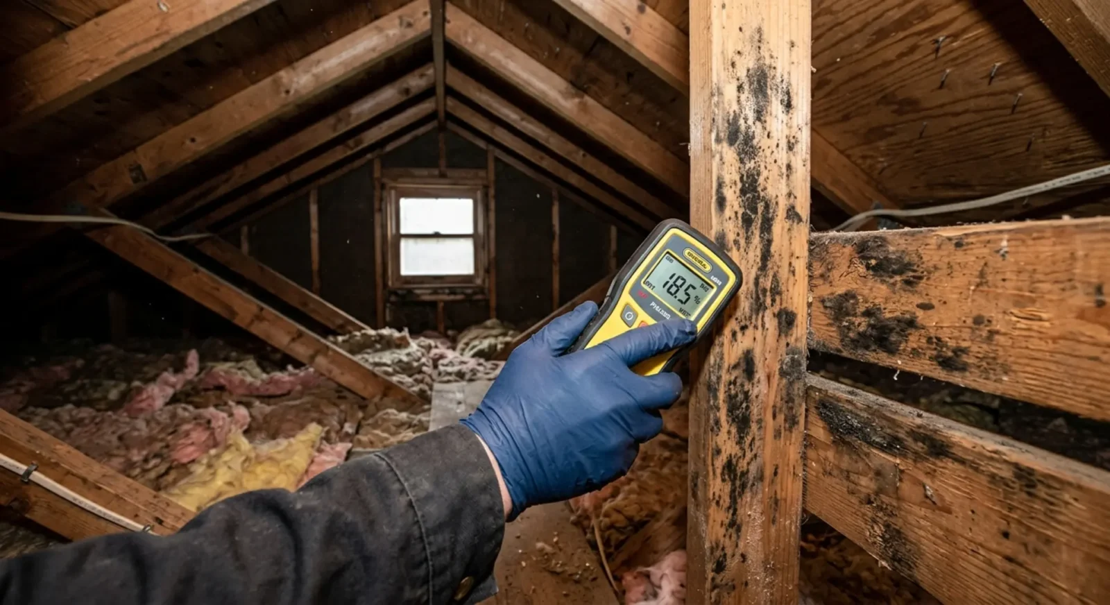 Moisture meter detecting mold in Burleson attic during home inspection