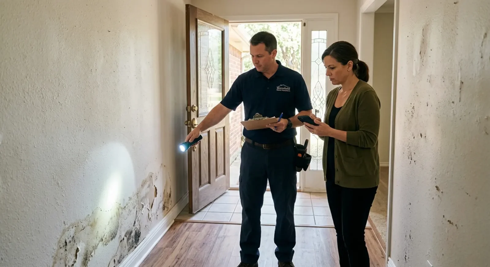 Home inspector examining moisture damage in Mansfield TX home with buyer present