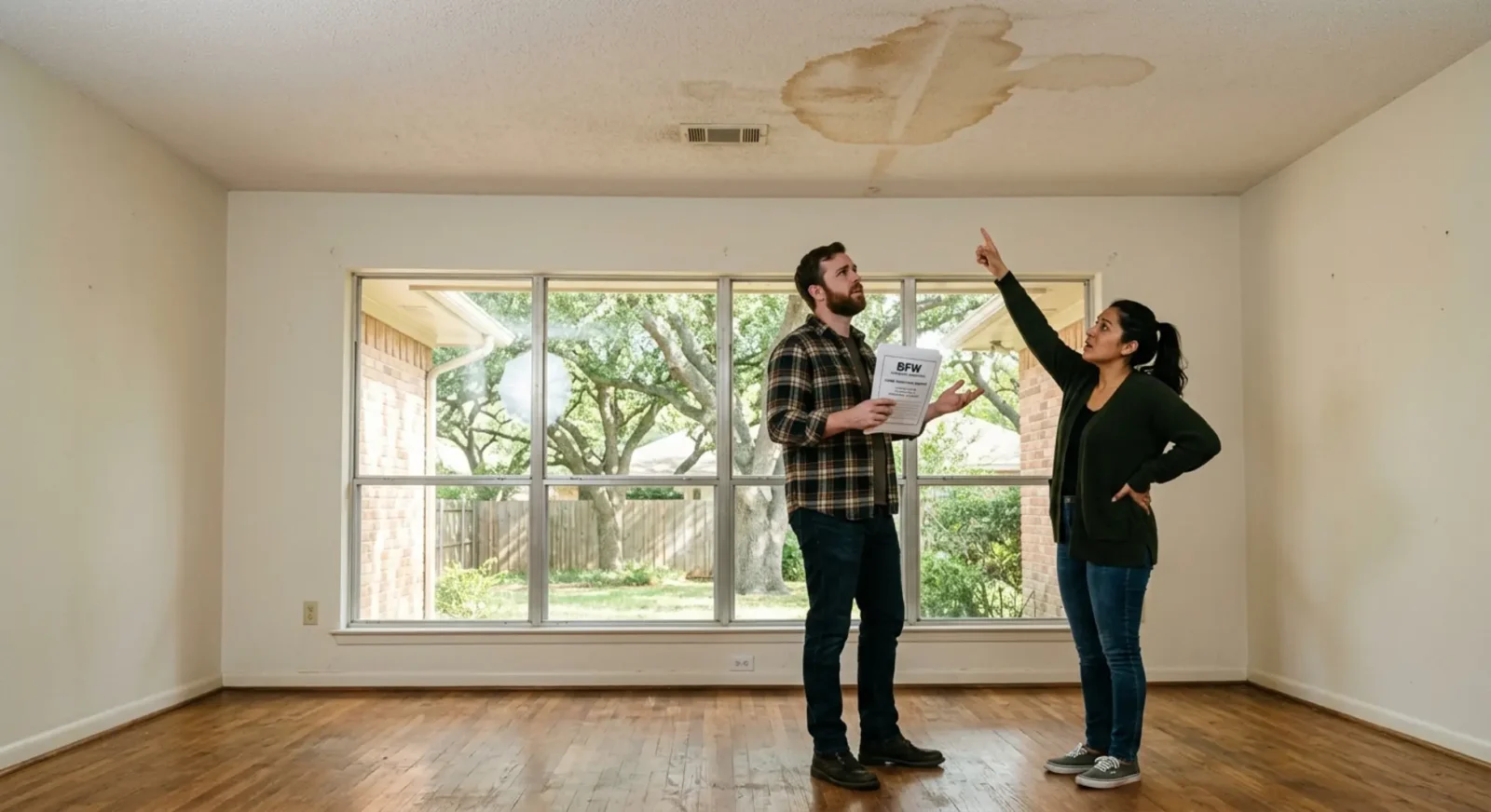 DFW homebuyers examining water damage in ranch home during inspection process
