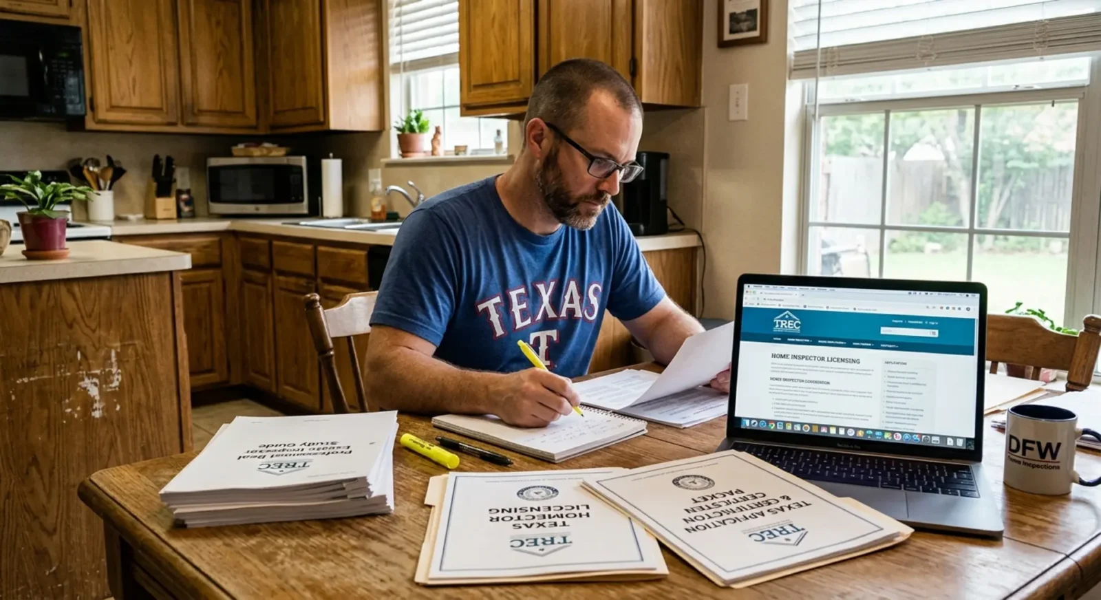 Texas home inspector license requirements documents spread on kitchen table with study materials