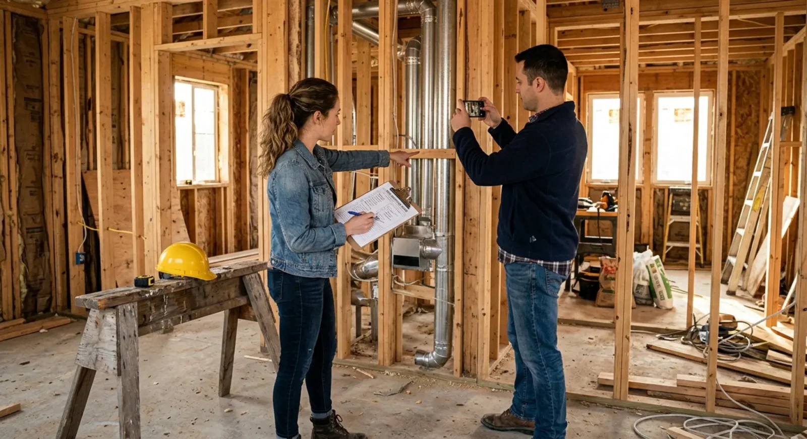 Couple reviewing new construction home inspection checklist on job site with exposed framing visible