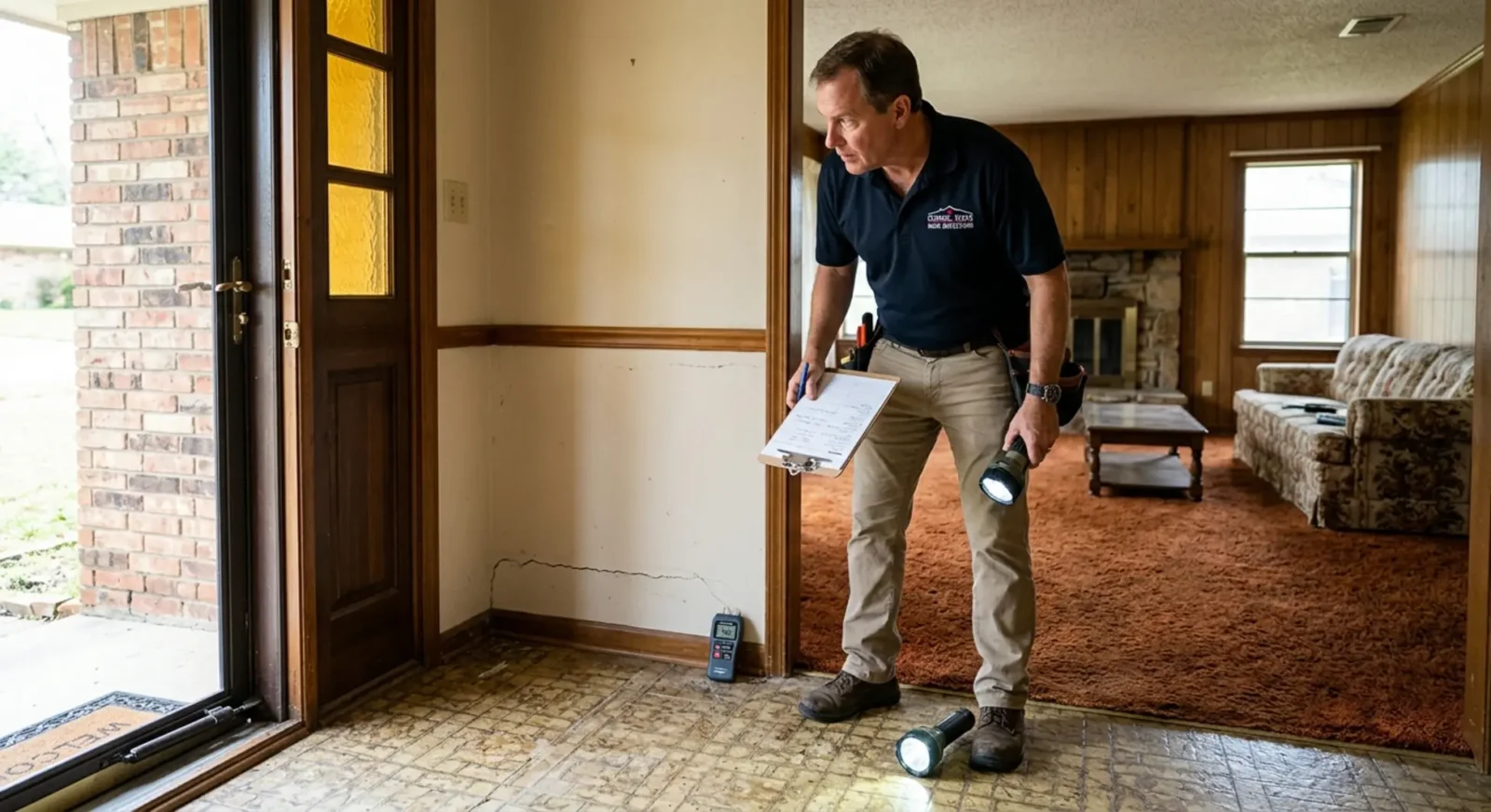 Home inspector examining foundation in Hurst TX home with moisture meter and clipboard