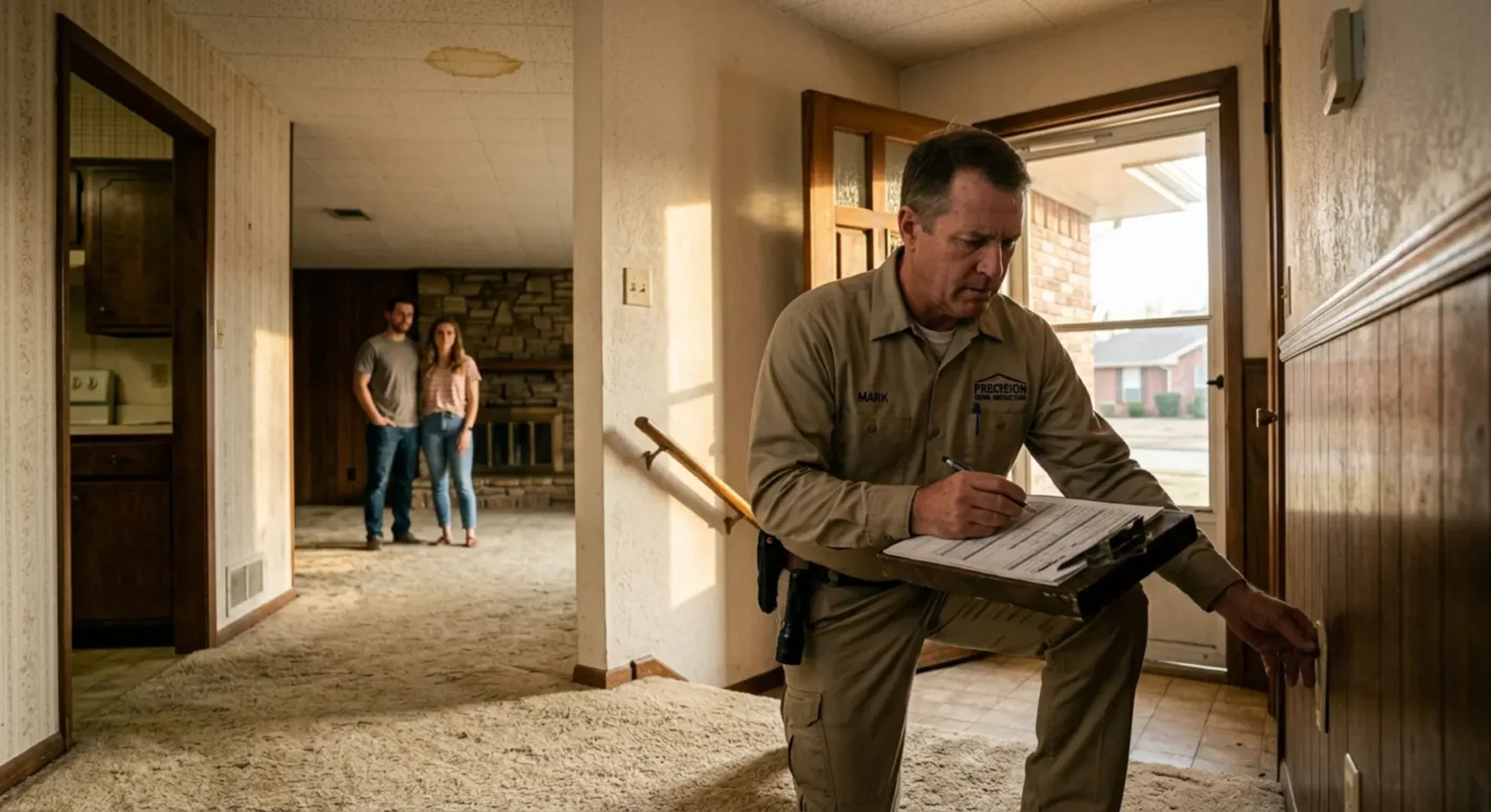 Home inspector examining foundation in North Richland Hills brick ranch home with buyers watching