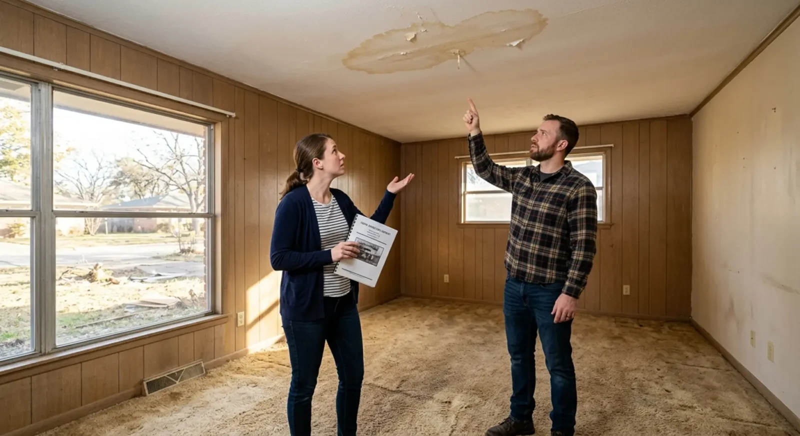 Fort Worth home buyers examining water damage during inspection of ranch-style home