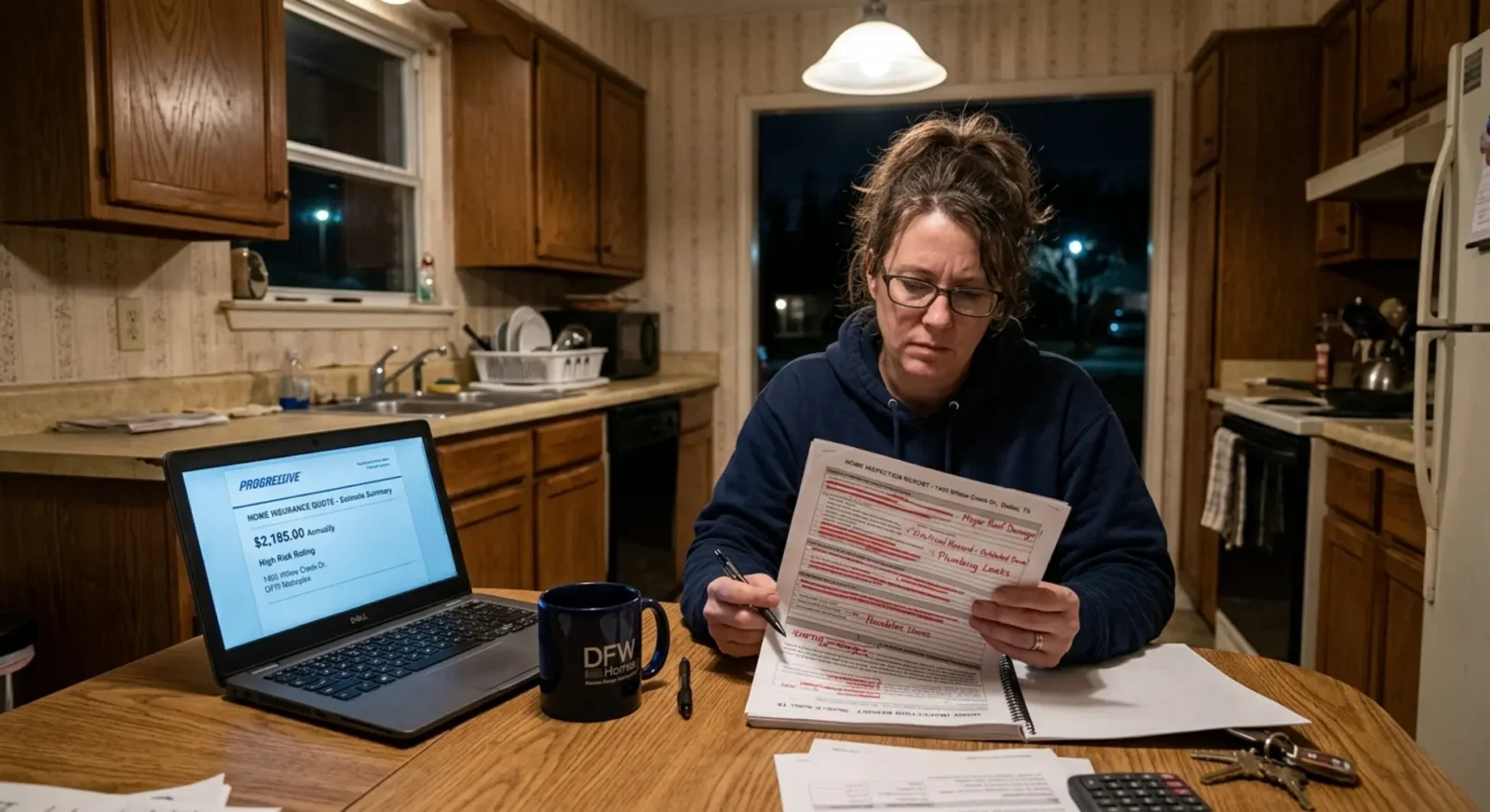 Homebuyer reviewing inspection report and insurance requirements at kitchen table