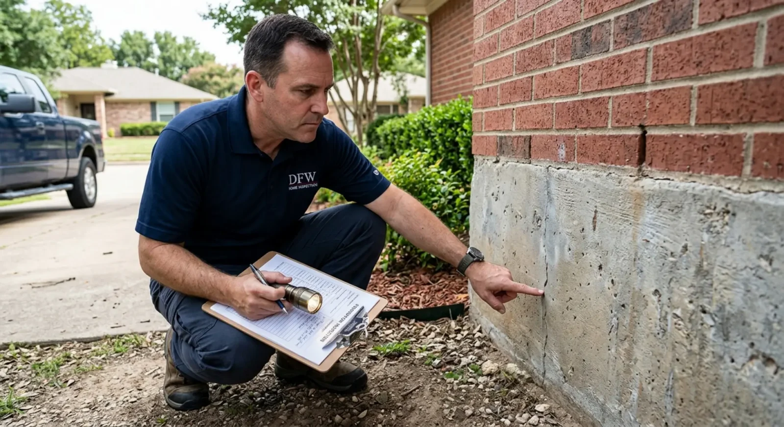 Home inspector examining foundation issues on DFW brick ranch home