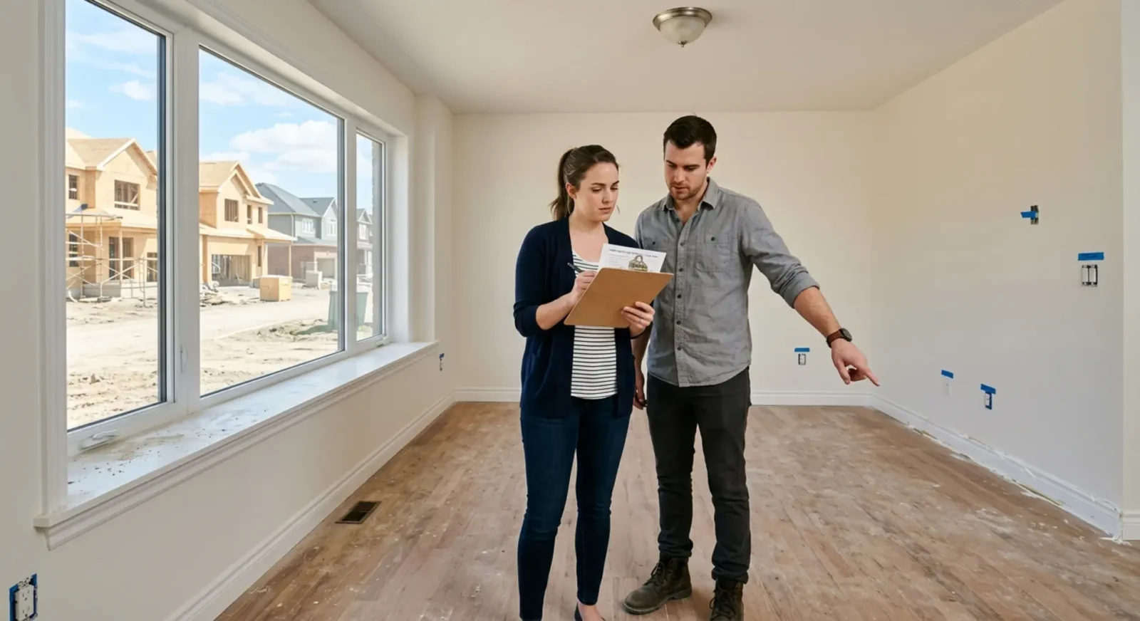 First-time homebuyers reviewing new construction home inspection checklist in empty living room