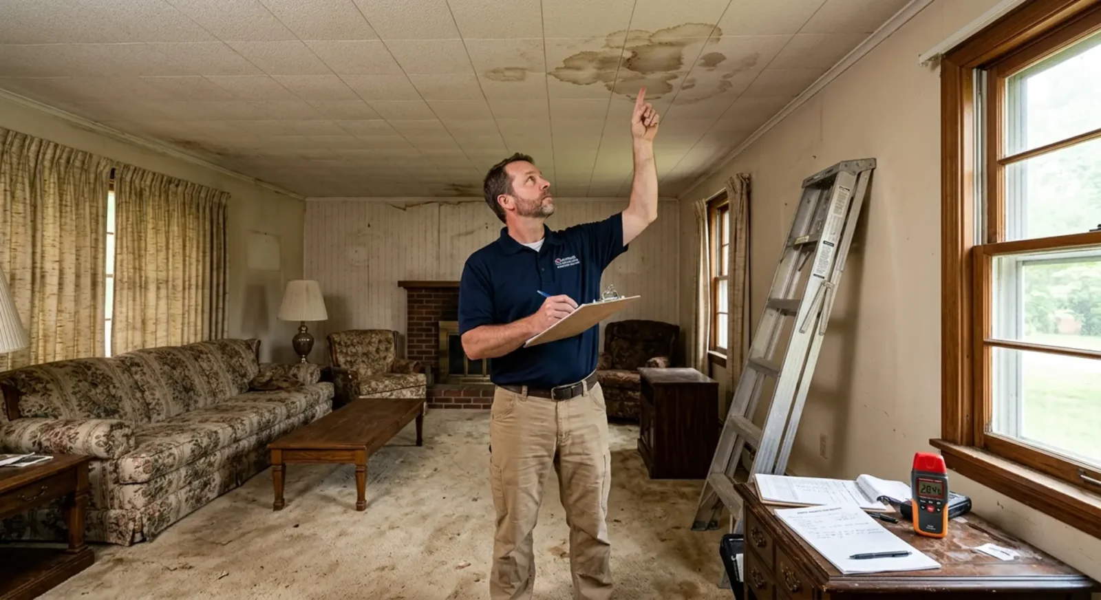 Home inspector examining ceiling water damage during FHA vs VA loan appraisal inspection
