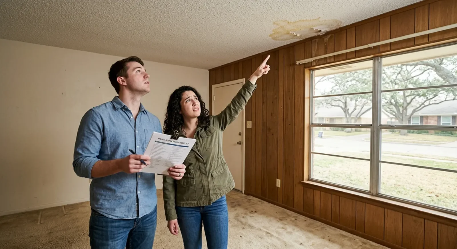 Couple examining water damage in DFW home during inspection decision process