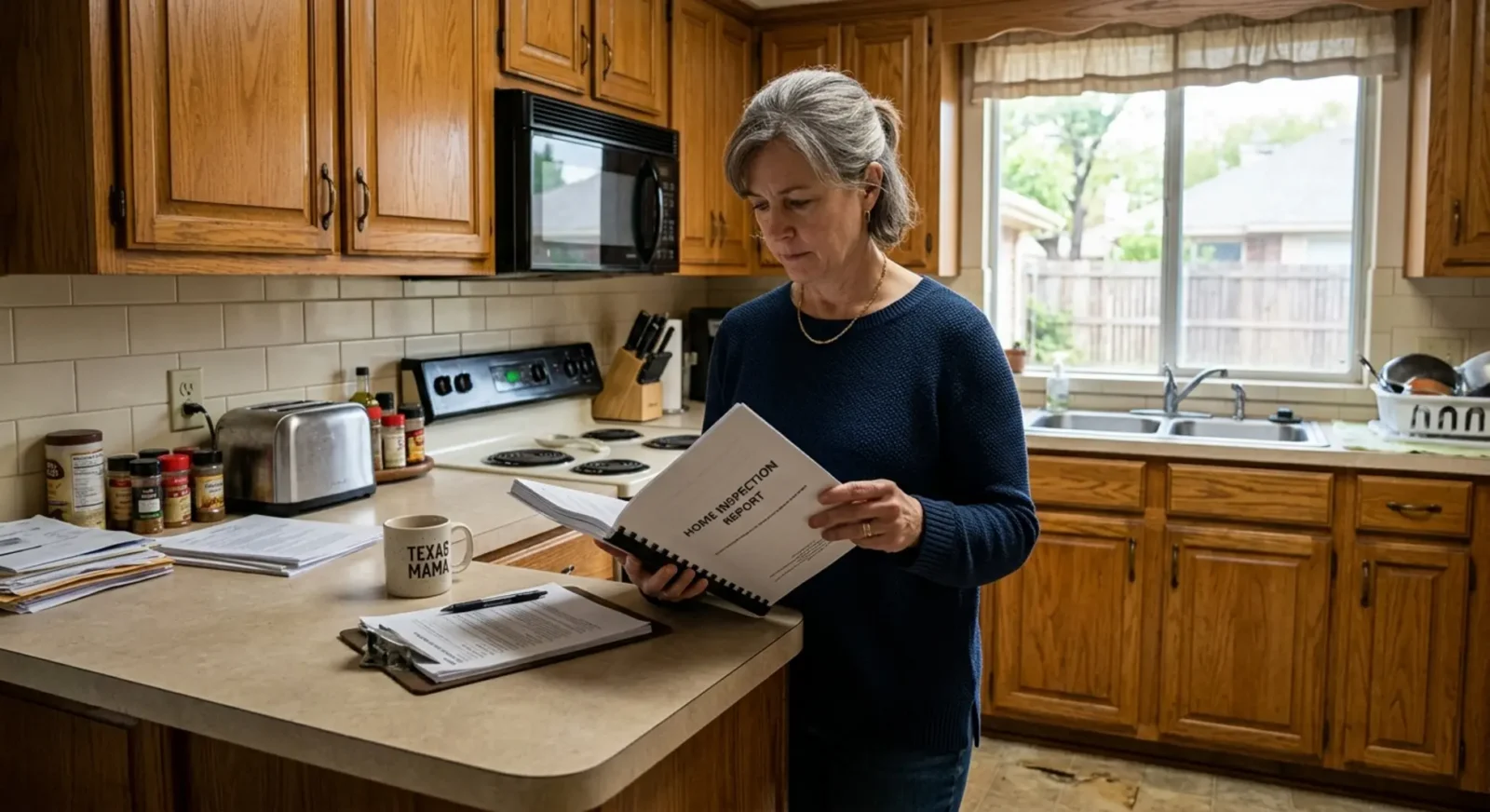 Homeowner reviewing inspection report in kitchen, taking control of home sale