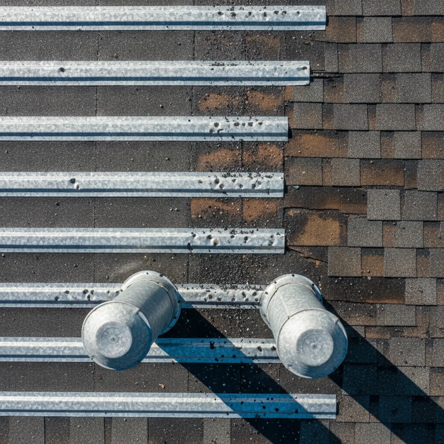 Hail damage and missing shingles on residential roof in Fort Worth
