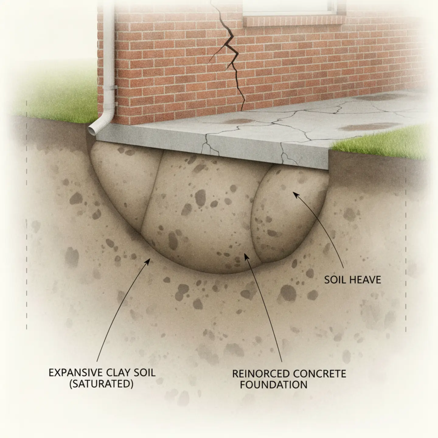 Expansive clay soil pushing against home foundation in North Texas