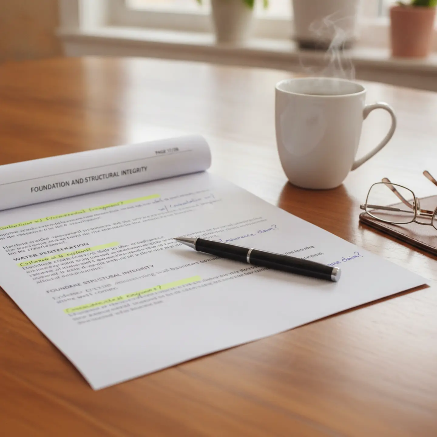 Home inspection report with highlighted findings and notes on dining table