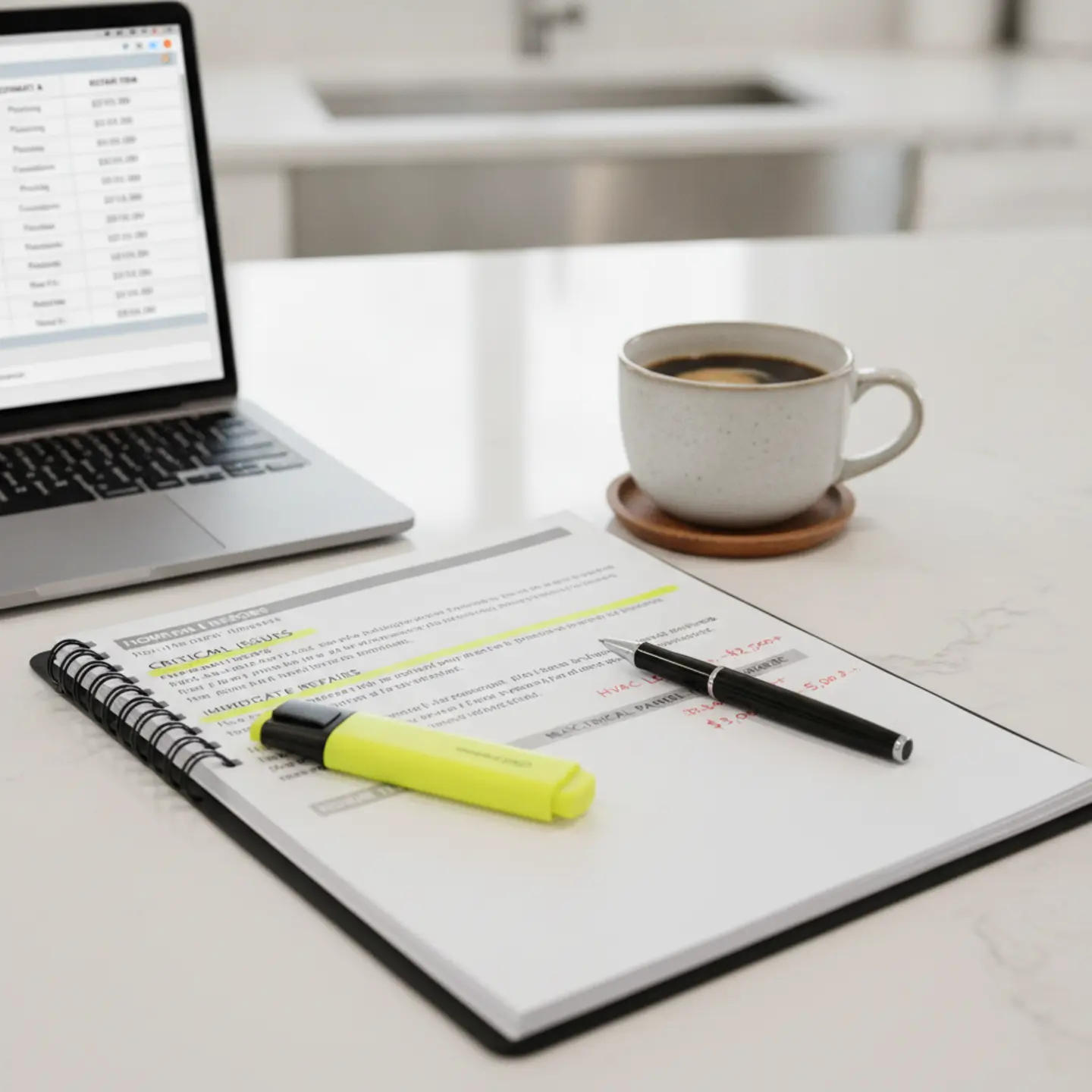 Home inspection report highlighted on kitchen counter with repair notes and estimates