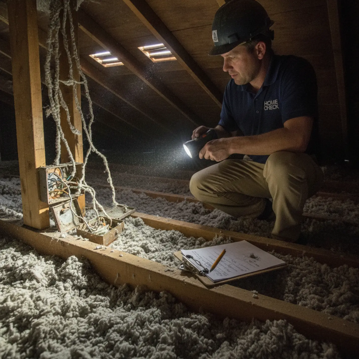 Home inspector examining electrical wiring in attic during home inspection