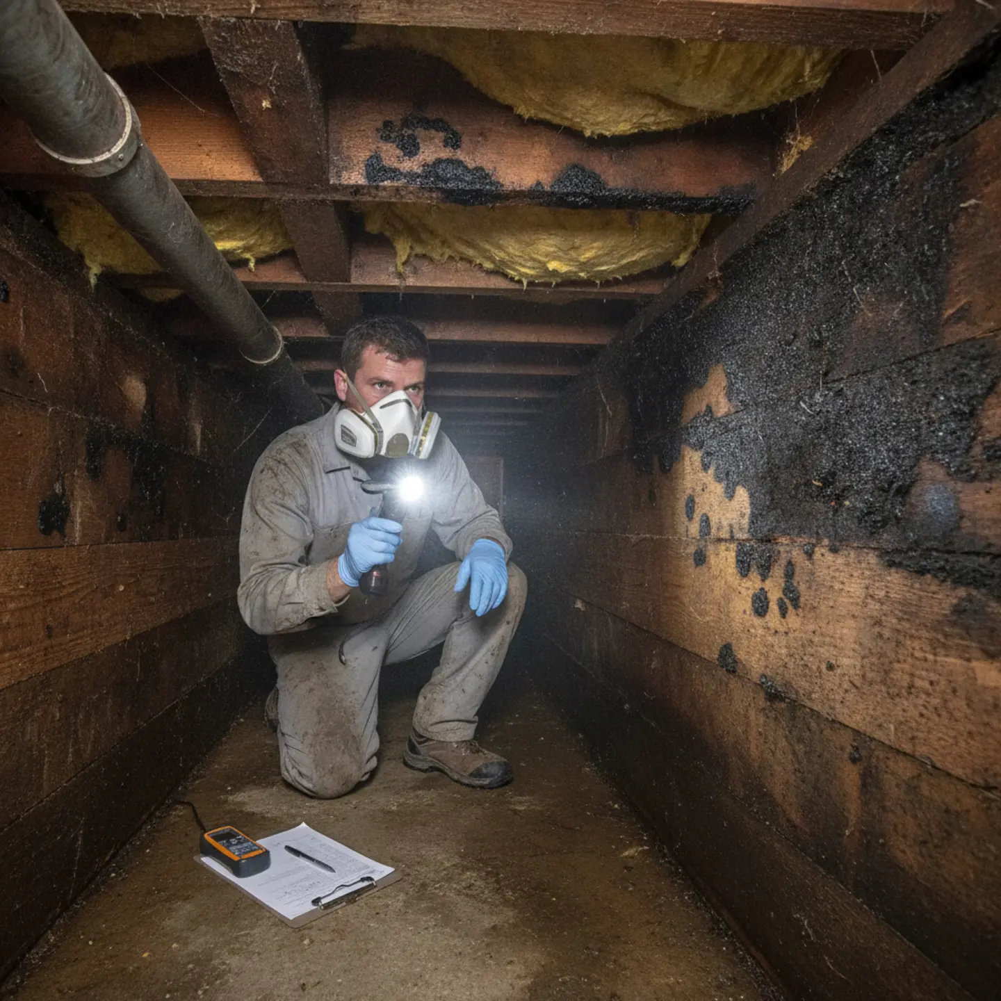Home inspector examining black mold on floor joists during inspection
