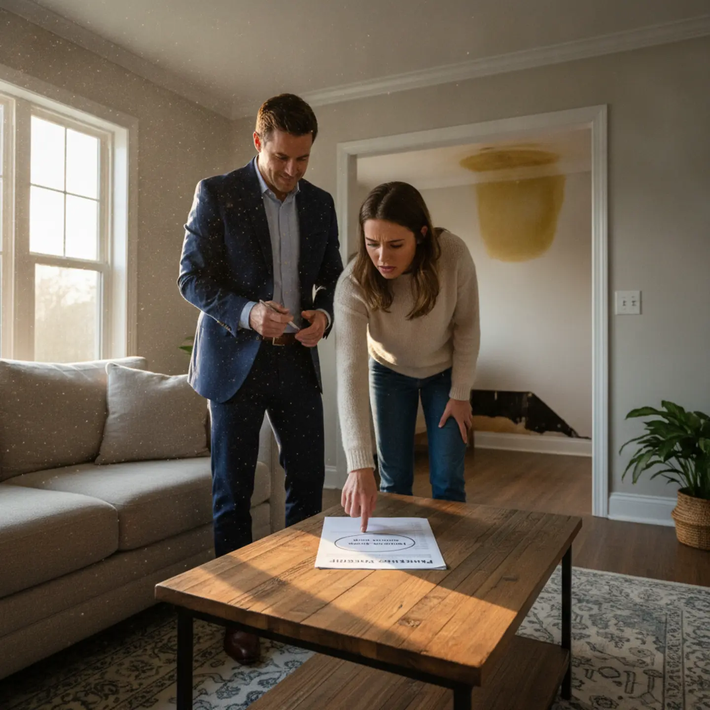 Home buyer and agent reviewing inspection report in DFW home with visible water damage