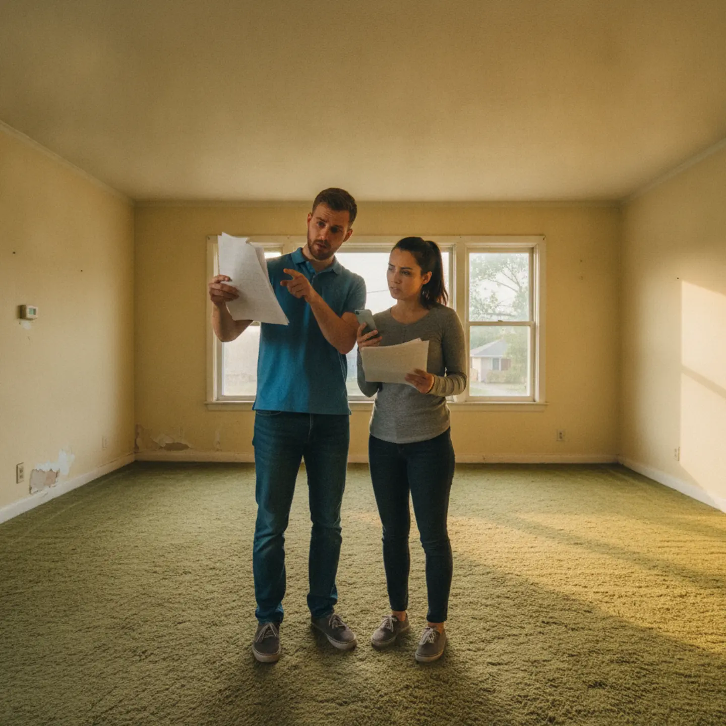 Homebuyers reviewing documents in empty house before inspection