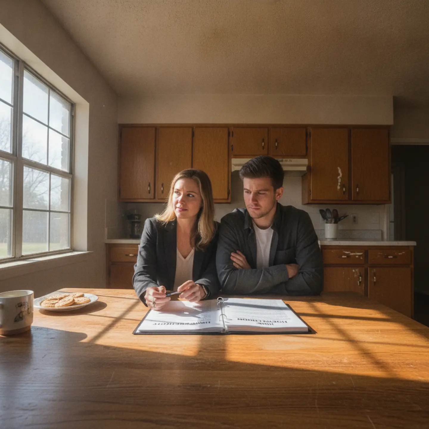 Real estate agent reviewing home inspection report with concerned buyers at kitchen table