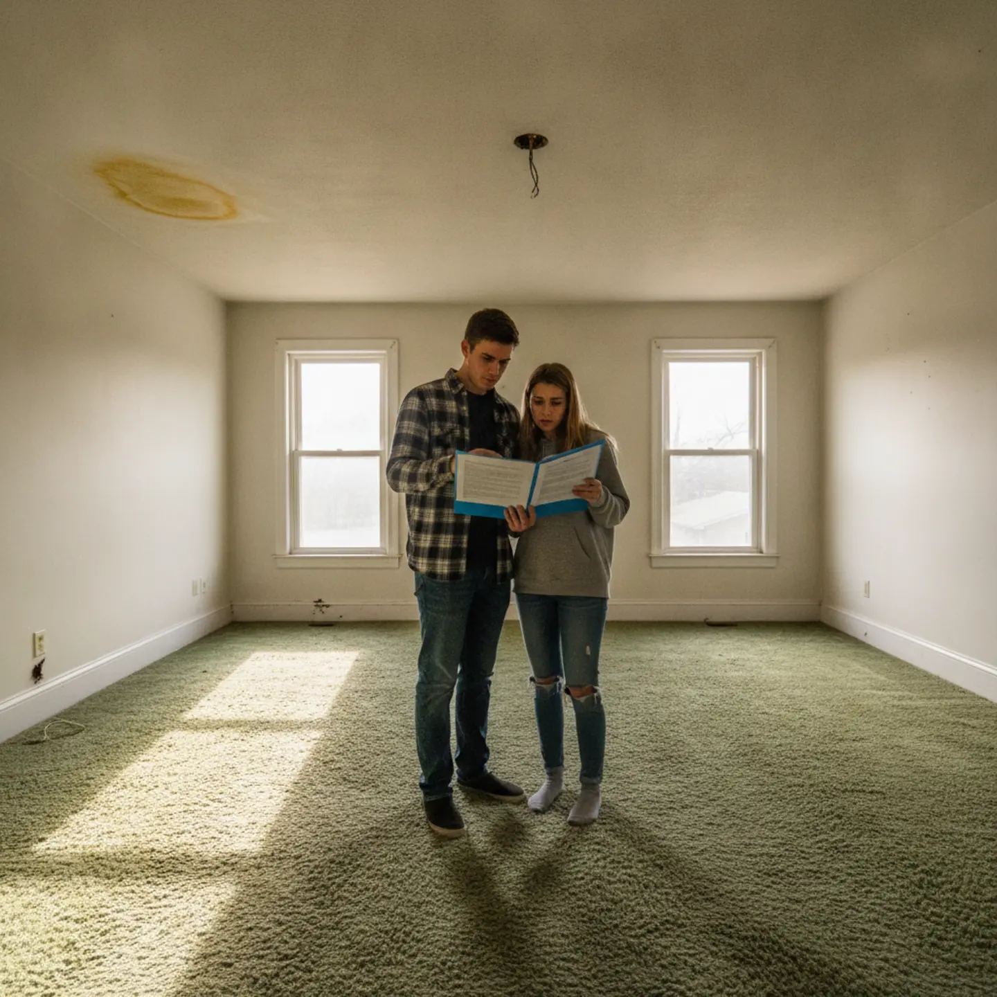 First-time buyers reviewing home inspection report in empty house with visible defects