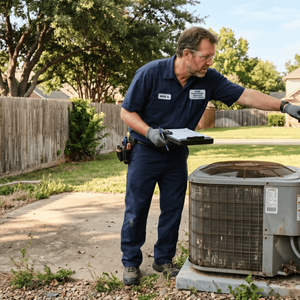 Home inspector examining AC unit disconnect box during residential inspection