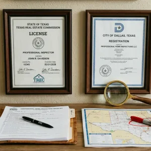 TREC home inspector license and local DFW credentials displayed on wall