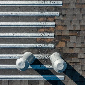 Hail damage and missing shingles on residential roof in Fort Worth
