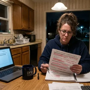 Homebuyer reviewing inspection report and insurance requirements at kitchen table