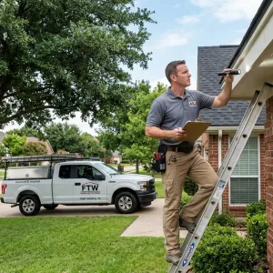 Home inspector examining exterior of Fort Worth residential property with ladder
