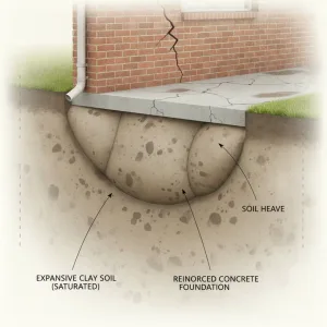 Expansive clay soil pushing against home foundation in North Texas
