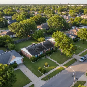 Fort Worth neighborhood with varied residential properties and mature oak trees