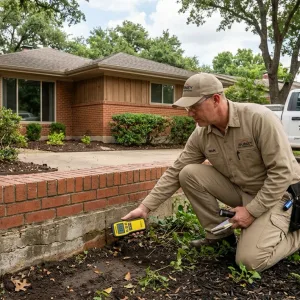 Local DFW home inspector conducting foundation moisture assessment on ranch home
