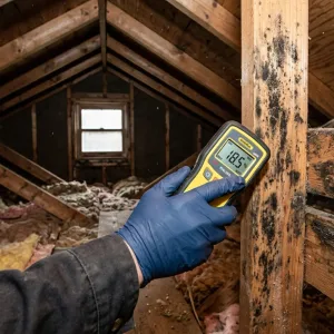 Moisture meter detecting mold in Burleson attic during home inspection