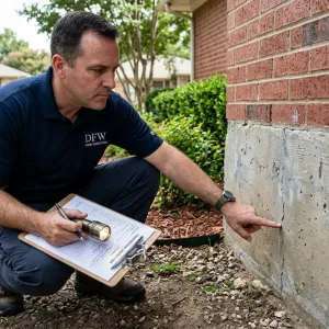 Home inspector examining foundation issues on DFW brick ranch home