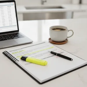 Home inspection report highlighted on kitchen counter with repair notes and estimates