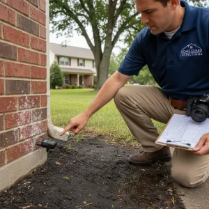 Home inspector measuring moisture at foundation of Fort Worth residential property