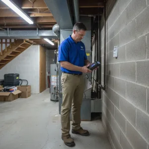 Home inspector conducting radon testing in Fort Worth basement near foundation