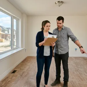 First-time homebuyers reviewing new construction home inspection checklist in empty living room