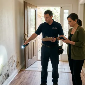 Home inspector examining moisture damage in Mansfield TX home with buyer present