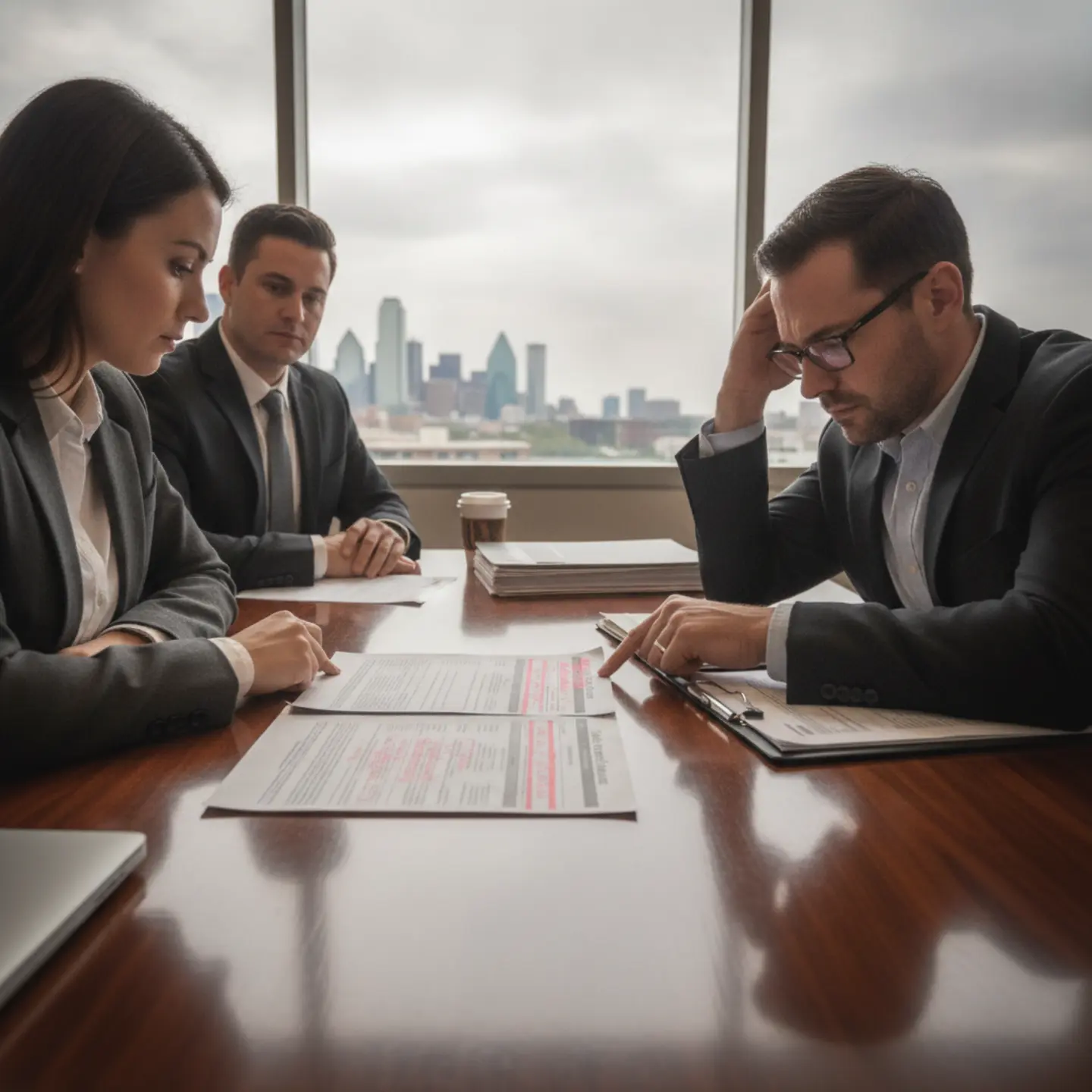 Real estate agent explaining repair options to frustrated buyer at conference table with inspection report