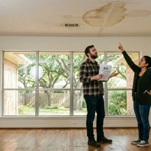 DFW homebuyers examining water damage in ranch home during inspection process