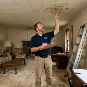 Home inspector examining ceiling water damage during FHA vs VA loan appraisal inspection