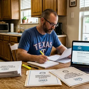 Texas home inspector license requirements documents spread on kitchen table with study materials