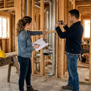 Couple reviewing new construction home inspection checklist on job site with exposed framing visible
